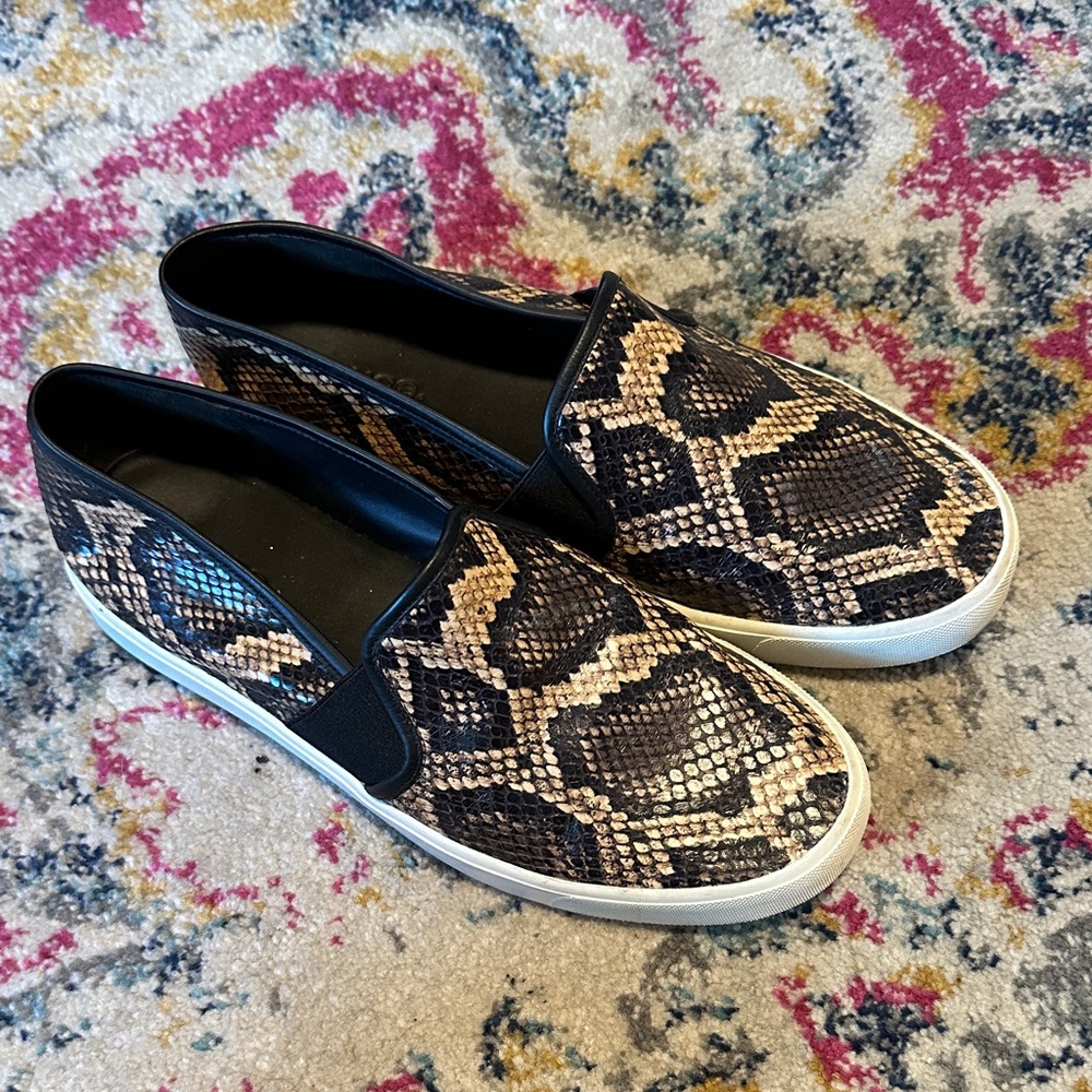 Vince Black and Tan Snake Print Slip-On Sneakers